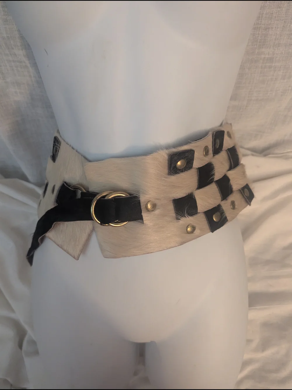 Wide Ivory and Black Haircalf Checkerboard Suede Artisan Statement Waist Belt